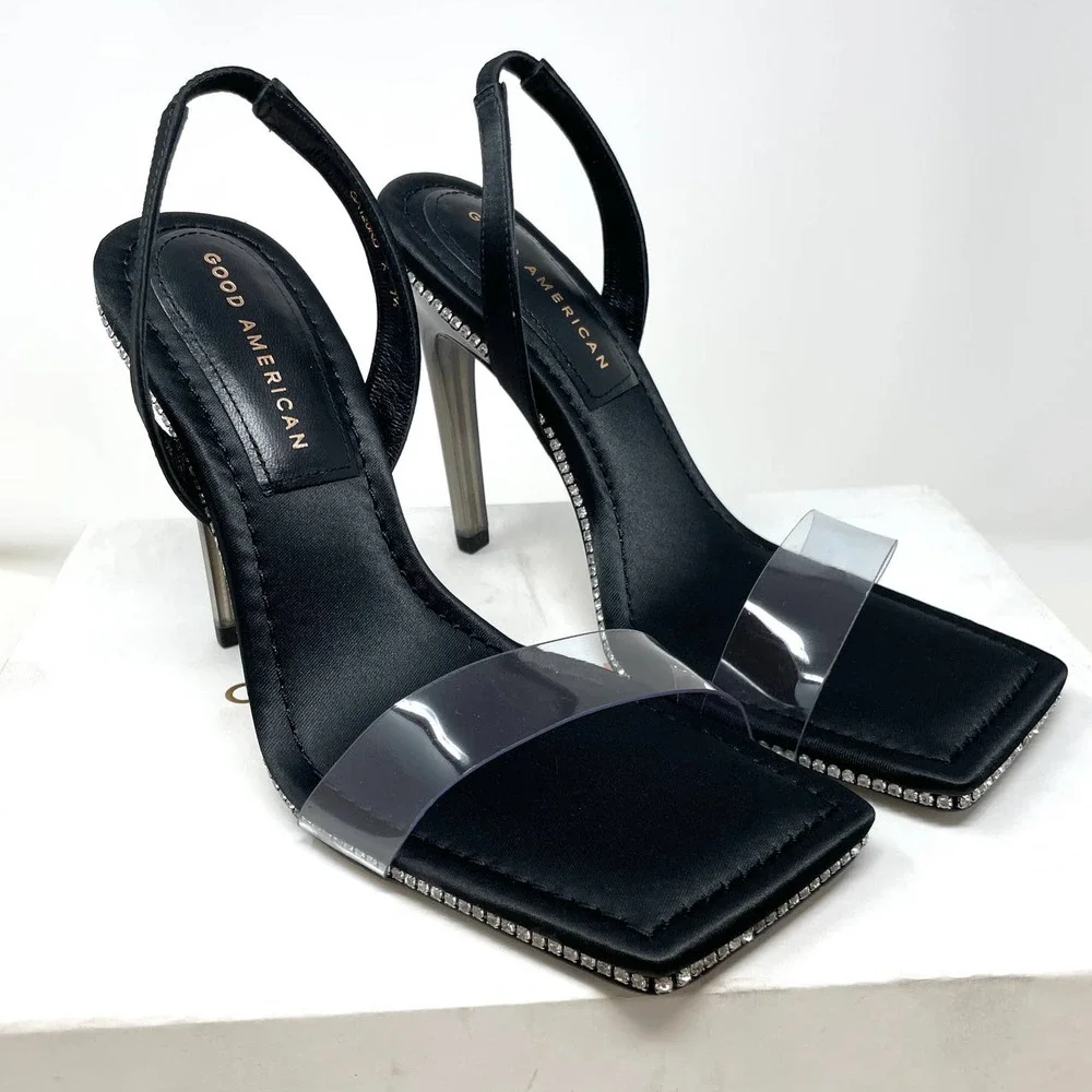 Good American Crystal Crush Lucite Rhinestone Sandals In Black Size 7.5 New